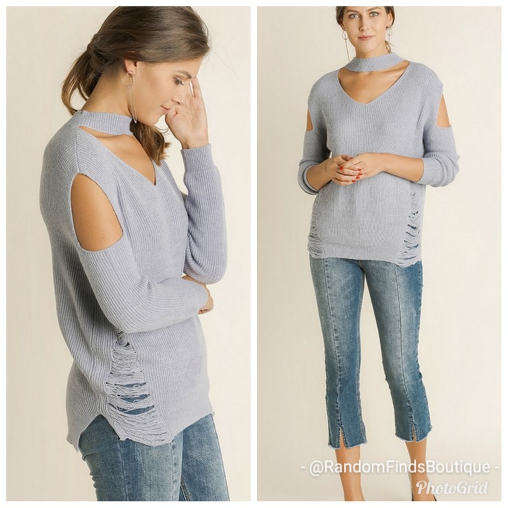 Cold shoulder choker gray lavender sweater